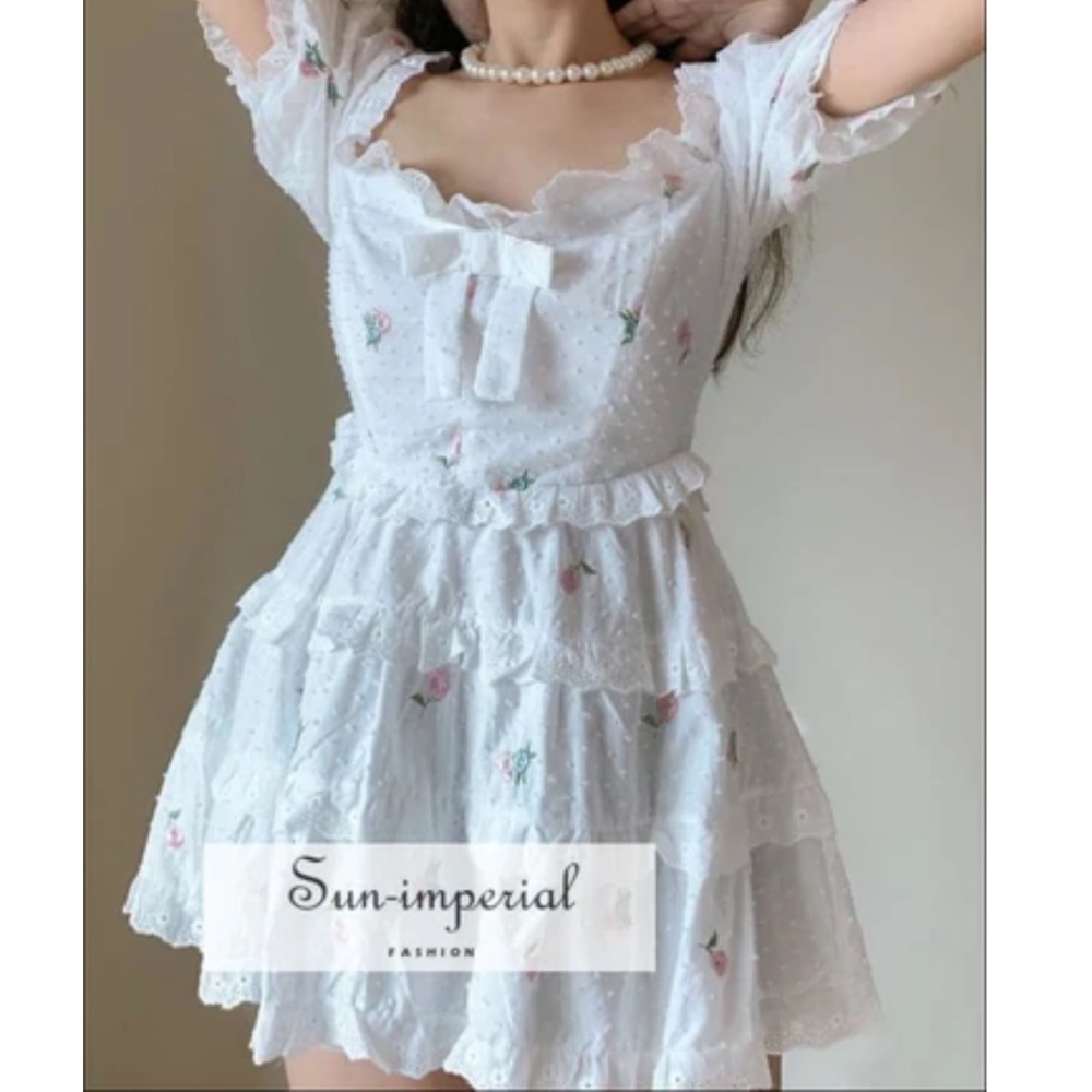 Sun-Imperial White off shoulder floral embroidery puff short sleeve mini dress